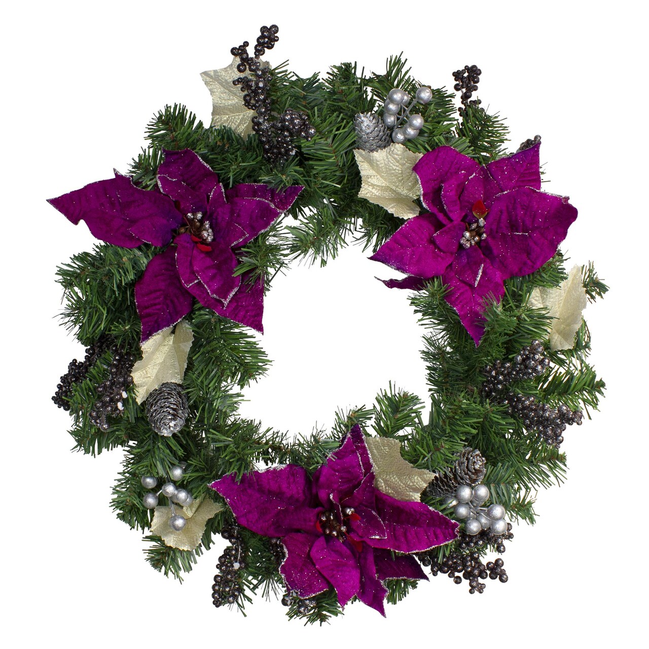 Northlight Poinsettia and Pine Cone Berries Artificial Christmas Wreath - 24" - Purple - Unlit